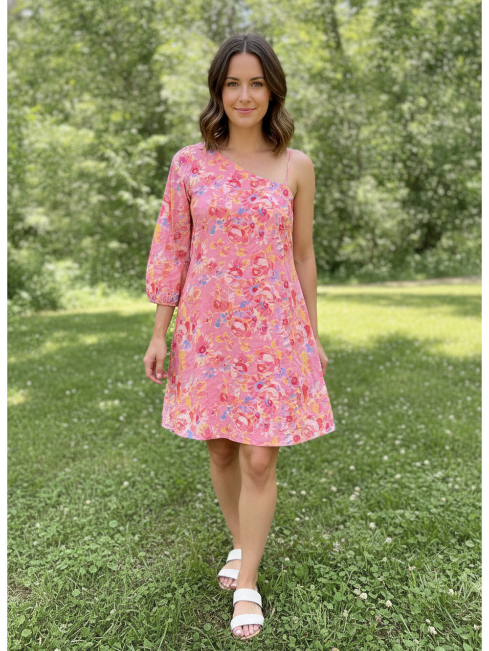 Pink Floral One-Shoulder Mini Dress with Puff Sleeve